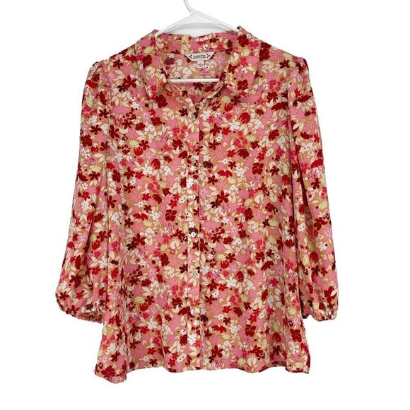NANETTE LEPORE Boho Pink Burgundy Office Floral Edwardian Puff Button down Top L - Picture 5 of 12